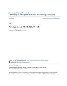 Vol. 1, No. 1, September 20, 1968 University of Michigan Law School