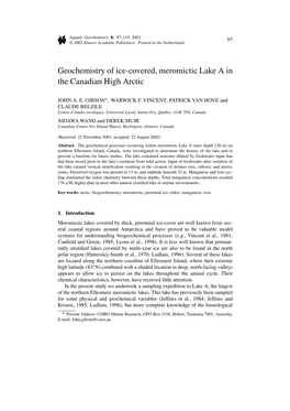 Geochemistry of Ice-Covered, Meromictic Lake a in the Canadian High Arctic