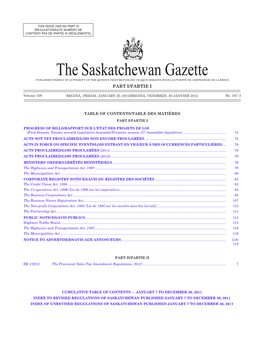 THE SASKATCHEWAN GAZETTE, January 20, 2012 73 (REGULATIONS)/CE NUMÉRO NE CONTIENT PAS DE PARTIE III (RÈGLEMENTS)