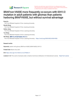 Brafnon-V600E More Frequently Co-Occurs with IDH1/2 Mutation in Adult Patients with Gliomas Than Patients Harboring BRAFV600E, but Without Survival Advantage