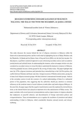 104 RELIGIOUS EXTREMISM and RADICALISATION of MUSLIMS in MALAYSIA: the MALAY TIES with the MUJAHIDIN, AL QAEDA and ISIS Muhammad