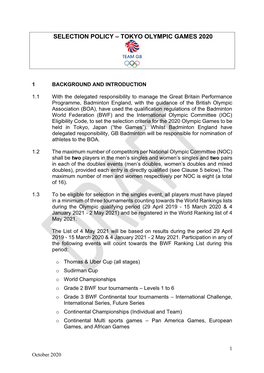 Selection Policy – Tokyo Olympic Games 2020