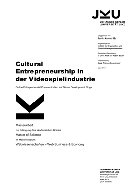 Cultural Entrepreneurship in Der Videospielindustrie
