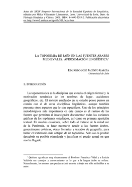 La Toponimia De Jaén En Las Fuentes Árabes Medievales: Aproximación Lingüística1
