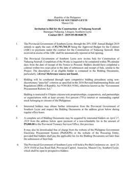 Invitation to Bid for the Construction of Nahaong Seawall Barangay Nahaong, Libagon, Southern Leyte Contact ID # - 2019-05-08-068CW