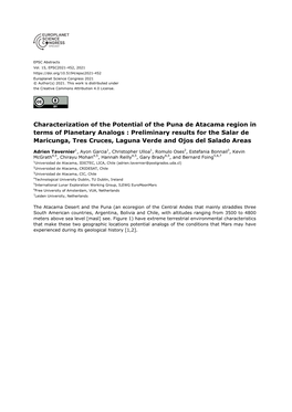 Characterization of the Potential of the Puna De Atacama Region in Terms