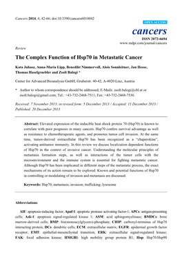 The Complex Function of Hsp70 in Metastatic Cancer