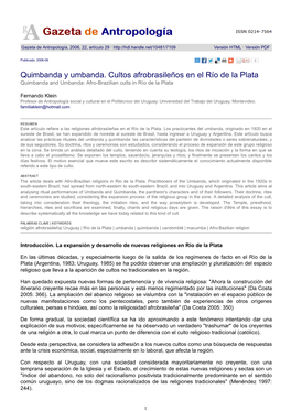 Quimbanda Y Umbanda. Cultos Afrobrasileños En El Río De La Plata