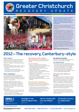 Greater Christchurch Recovery Update - December 2012 Roger Sutton CERA Chief Executive