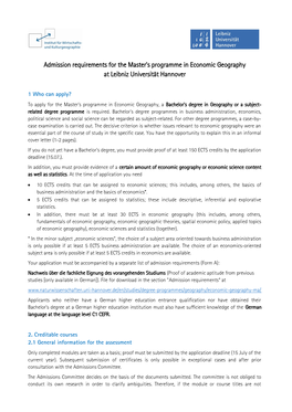 Admission Requirements for the Master's Programme in Economic Geography at Leibniz Universität Hannover