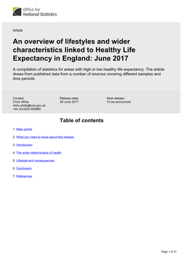 An Overview of Lifestyles and Wider Characteristics Linked to Healthy Life Expectancy in England: June 2017