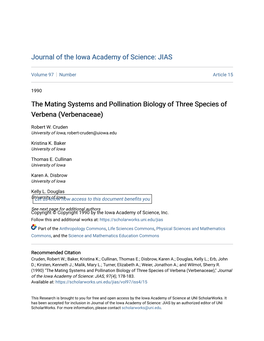 The Mating Systems and Pollination Biology of Three Species of Verbena (Verbenaceae)