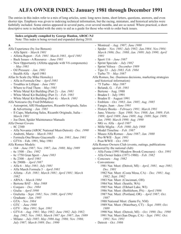 ALFA OWNER INDEX: January 1981 Through December 1991
