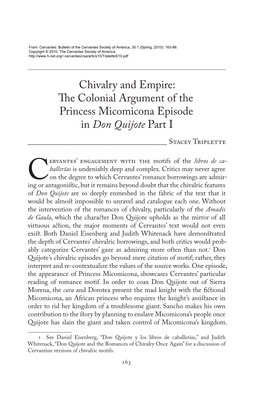 The Colonial Argument of the Princess Micomicona Episode in Don Quijote Part I ______Stacey Triplette
