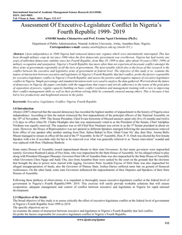 Assessment of Executive-Legislature Conflict in Nigeria's Fourth Republic 1999