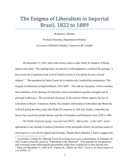 The Enigma of Liberalism in Imperial Brazil, 1822 to 1889