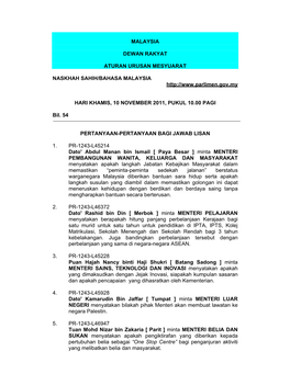 Malaysia Dewan Rakyat Aturan Urusan Mesyuarat Naskhah Sahih/Bahasa Malaysia Hari Khamis, 10 November