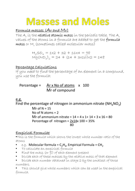 Formula Masses ( Ar and Mr) the Ar Is the Relative Atomic Mass Relative