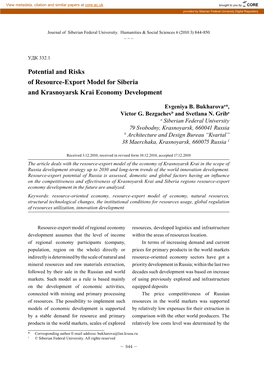 Potential and Risks of Resource-Export Model for Siberia and Krasnoyarsk Krai Economy Development