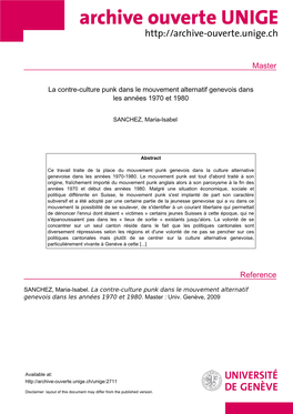 La Contre-Culture Punk Dans Le Mouvement Alternatif Genevois Dans Les Années 1970 Et 1980