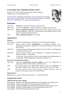 Curriculum Vitae, Charlotta Turner, Prof. Education