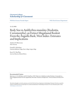 Rodentia, Caviomorpha), an Extinct Megafaunal Rodent from the Anguilla Bank, West Indies: Estimates and Implications Audrone R