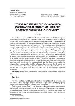 Televangelism and the Socio-Political Mobilization of Pentecostals in Port Harcourt Metropolis: a Kap Survey
