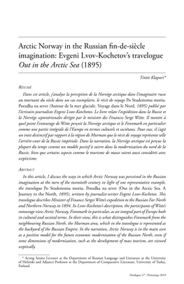 Arctic Norway in the Russian Fin-De-Siècle Imagination: Evgeni Lvov-Kochetov’S Travelogue out in the Arctic Sea (1895)