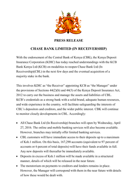 Press Release Chase Bank Limited (In Receivership)