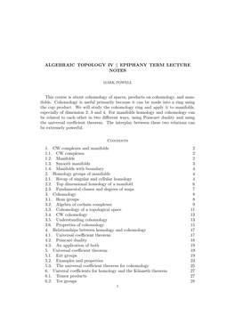 Algebraic Topology Iv Epiphany Term Lecture