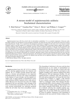 A Mouse Model of Argininosuccinic Aciduria: Biochemical Characterization