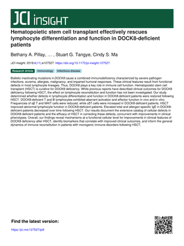 Hematopoietic Stem Cell Transplant Effectively Rescues Lymphocyte Differentiation and Function in DOCK8-Deficient Patients