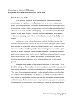 Putman's Reenacting Bibliography 1 Reenacting: an Annotated Bibliography Compiled by Tyler Rudd Putman (Updated June 3, 2019)