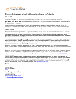 Thomson Reuters Acquires Brazil Publishing House Revista Dos Tribunais