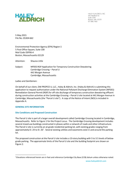 Subject: NPDES RGP Application for Temporary Construction Dewatering Cambridge Crossing – Parcel U 441 Morgan Avenue Cambridge, Massachusetts