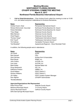 Meeting Minutes NORTHWEST FLORIDA REGION CFASPP STEERING COMMITTEE MEETING March 9, 2017 Northwest Florida Beaches International Airport