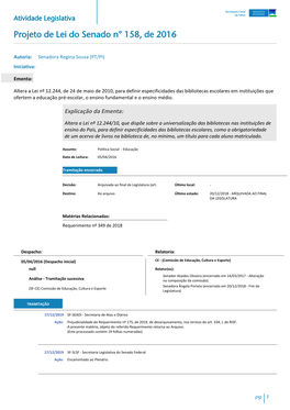 Atividade Legislativa Projeto De Lei Do Senado N° 158, De 2016