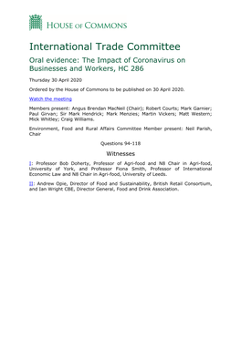 International Trade Committee Oral Evidence: the Impact of Coronavirus on Businesses and Workers, HC 286