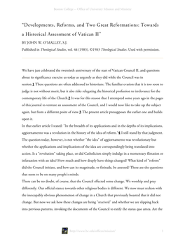 “Developments, Reforms, and Two Great Reformations: Towards a Historical Assessment of Vatican II”