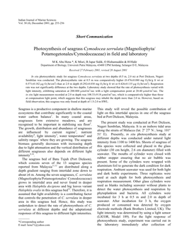 Photosynthesis of Seagrass Cymodocea Serrulata (Magnoliophyta/ Potamogetonales/Cymodoceaceae) in Field and Laboratory