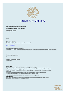 Rural-Urban Interdependencies the Role of Cities in Rural Growth Lavesson, Niclas