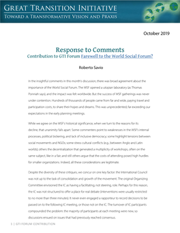 Response to Comments Contribution to GTI Forum Farewell to the World Social Forum?