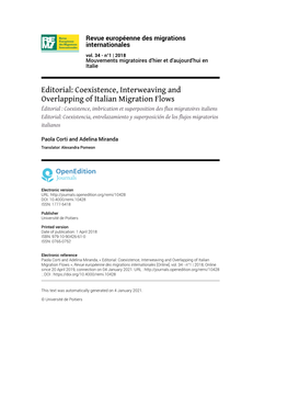 Revue Européenne Des Migrations Internationales, Vol. 34 - N°1 | 2018 Editorial: Coexistence, Interweaving and Overlapping of Italian Migration Flows 2