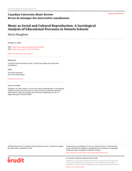 Music As Social and Cultural Reproduction: a Sociological Analysis of Educational Processes in Ontario Schools Harry Haughton