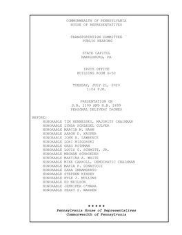 Commonwealth of Pennsylvania House of Representatives Transportation Committee Public Hearing State Capitol Harrisburg, Pa Irvis