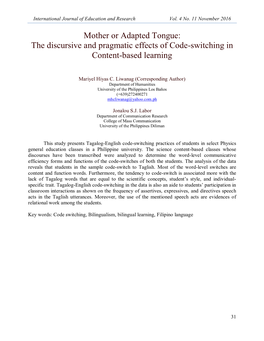 Mother Or Adapted Tongue: the Discursive and Pragmatic Effects of Code-Switching in Content-Based Learning