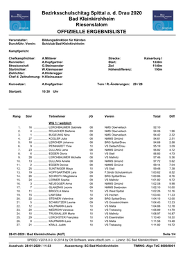 Bezirksschulschitag Spittal A. D. Drau 2020 Bad Kleinkirchheim Riesenslalom OFFIZIELLE ERGEBNISLISTE