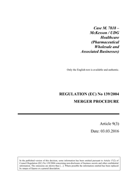 Case M.7818 – Mckesson / UDG Healthcare (Pharmaceutical Wholesale and Associated Businesses)