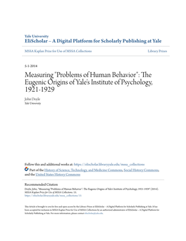 The Eugenic Origins of Yale's Institute of Psychology, 1921-1929 John Doyle Yale University