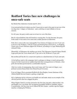 Redford Tories Face New Challenges in Once-Safe Seats